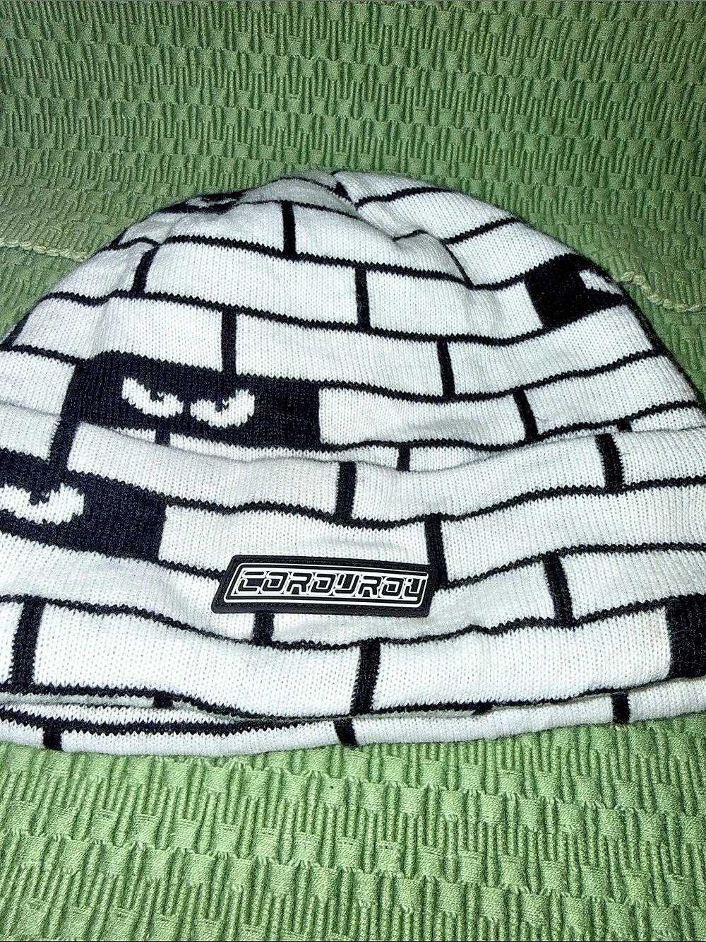 Corduroy Bricks Beanie Black White Jacquard Knit Brick Pattern Foldover Cuff